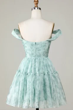 Elegante uma linha fora do ombro sálvia impresso vestido curto Homecoming