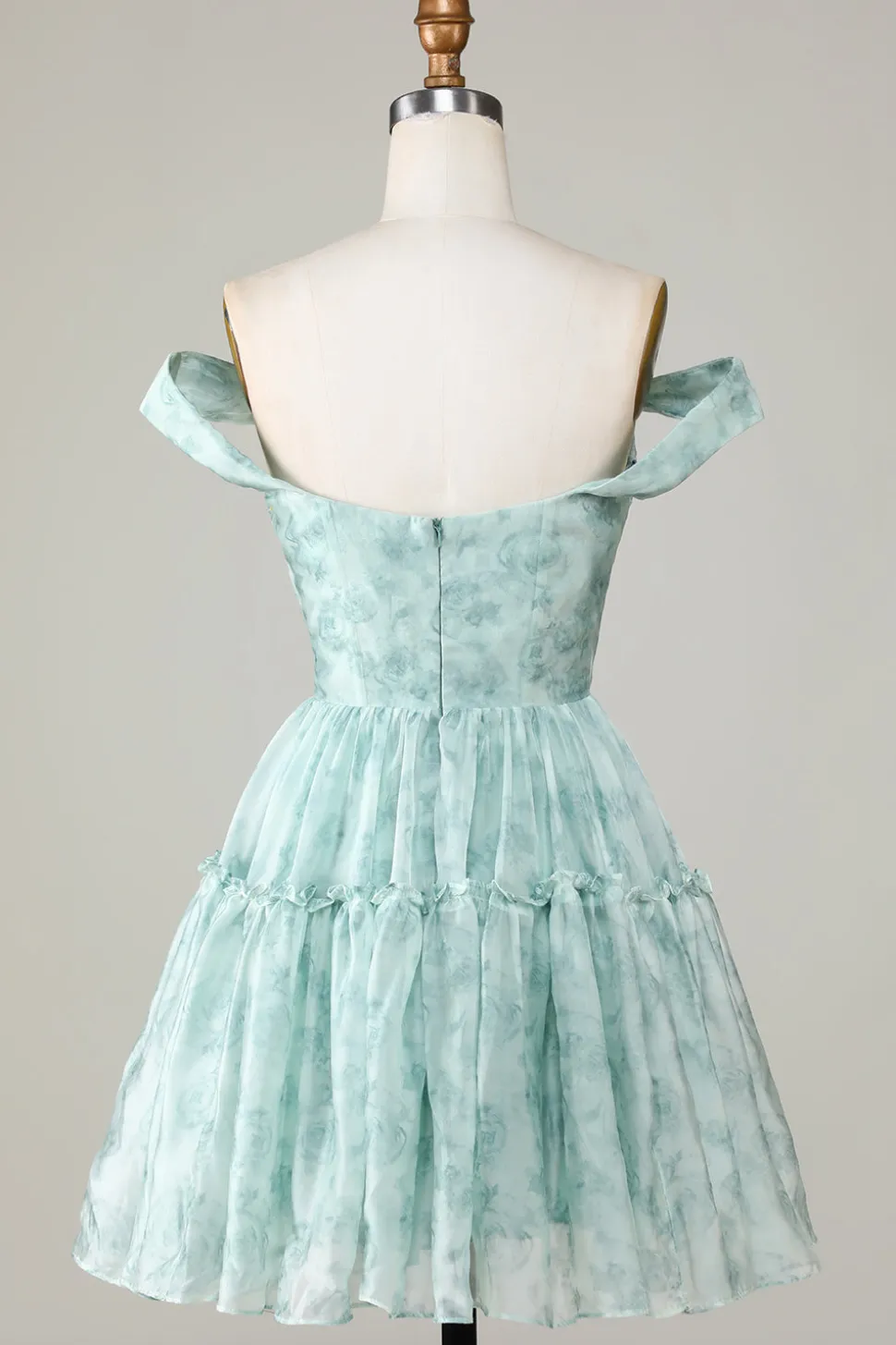 Elegante uma linha fora do ombro sálvia impresso vestido curto Homecoming