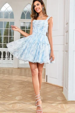 Elegante uma linha fora do ombro sálvia impresso vestido curto Homecoming