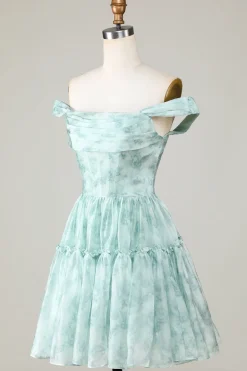 Elegante uma linha fora do ombro sálvia impresso vestido curto Homecoming