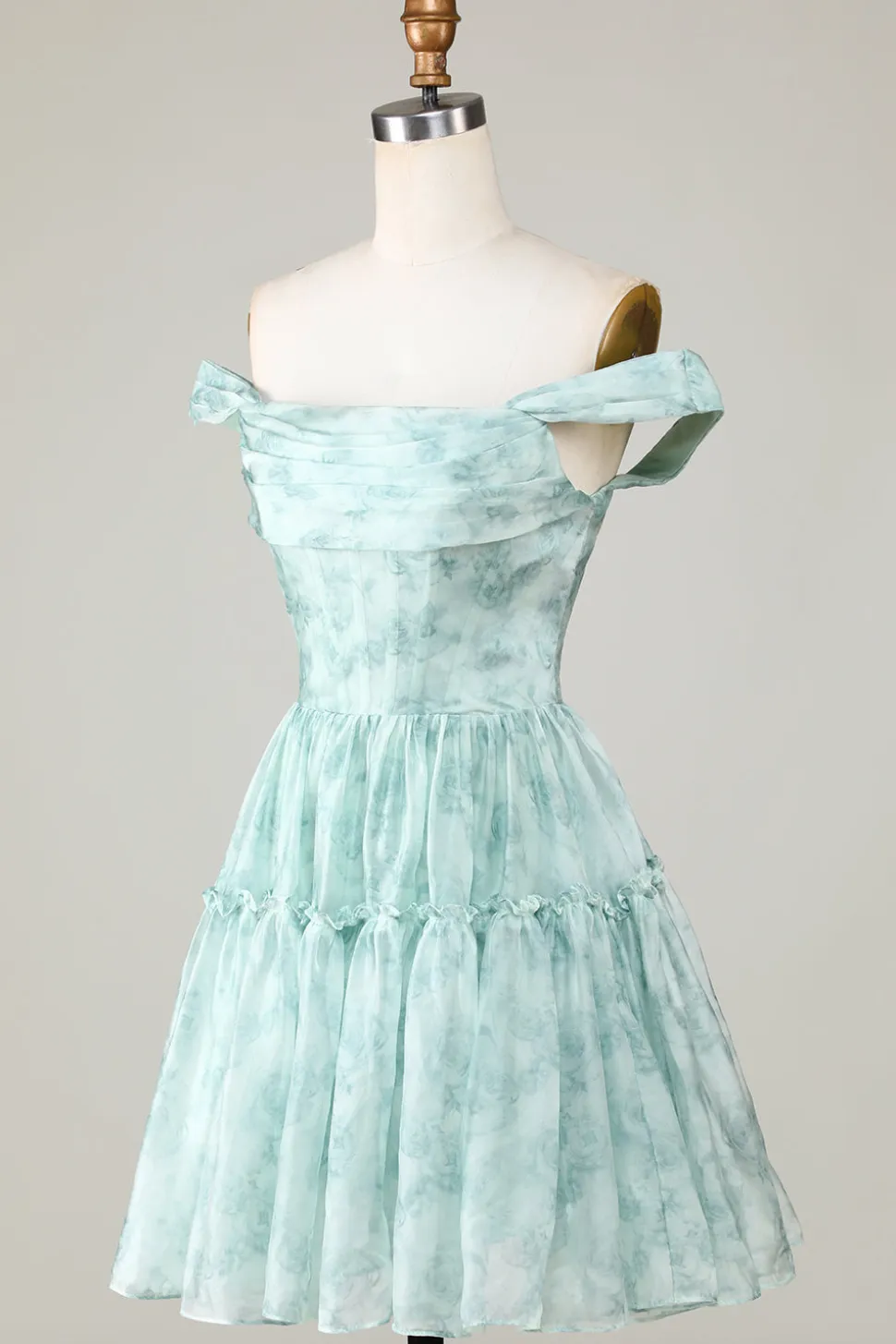 Elegante uma linha fora do ombro sálvia impresso vestido curto Homecoming