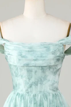 Elegante uma linha fora do ombro sálvia impresso vestido curto Homecoming