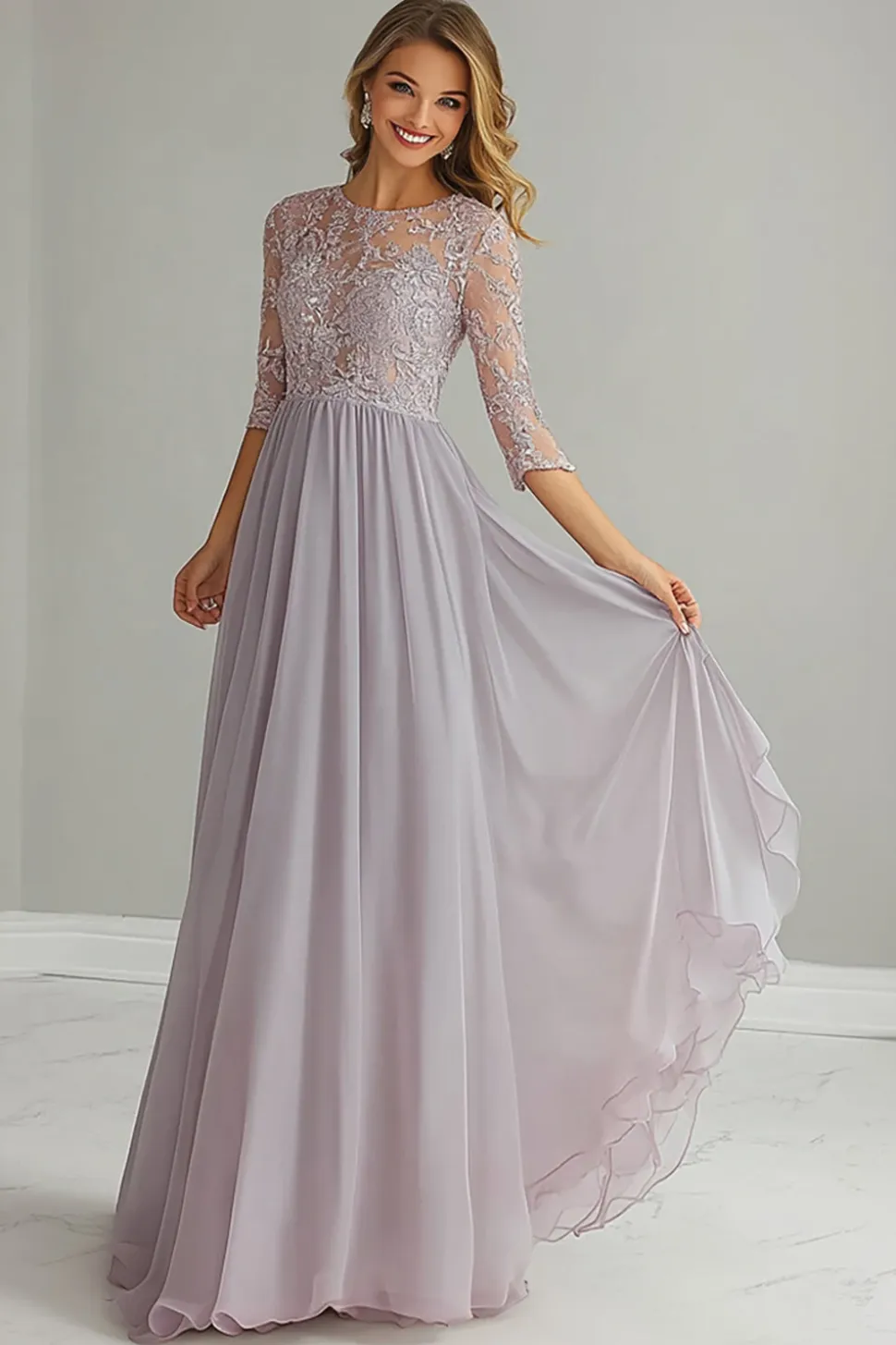 Elegante uma linha prata mãe de vestido de noiva com apliques de renda