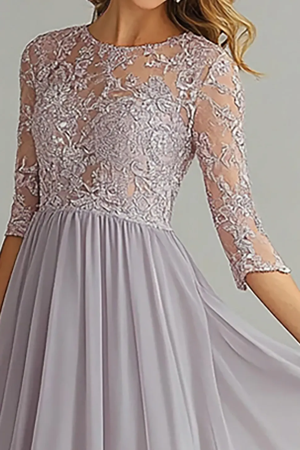 Elegante uma linha prata mãe de vestido de noiva com apliques de renda