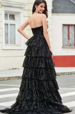 Elegante uma linha sem alças preto Sequins longo vestido de baile com babados
