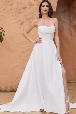 Elegante uma linha sem alças plissado varredura trem vestido de noiva branco com fenda