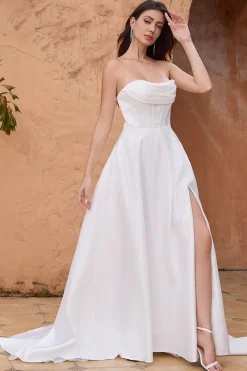Elegante uma linha sem alças plissado varredura trem vestido de noiva branco com fenda
