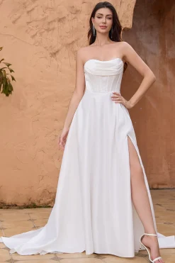 Elegante uma linha sem alças plissado varredura trem vestido de noiva branco com fenda