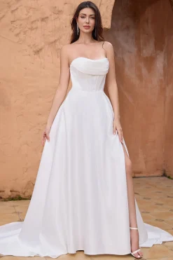 Elegante uma linha sem alças plissado varredura trem vestido de noiva branco com fenda