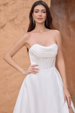 Elegante uma linha sem alças plissado varredura trem vestido de noiva branco com fenda