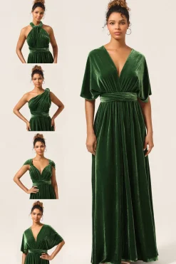 Elegante Uma Linha V Pescoço Verde Escuro Covertible Wear Velvet Long Bridesmaid Dress