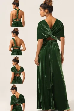 Elegante Uma Linha V Pescoço Verde Escuro Covertible Wear Velvet Long Bridesmaid Dress