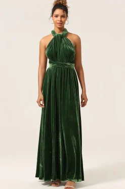Elegante Uma Linha V Pescoço Verde Escuro Covertible Wear Velvet Long Bridesmaid Dress