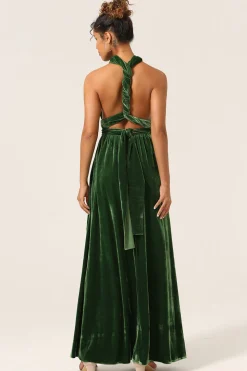 Elegante Uma Linha V Pescoço Verde Escuro Covertible Wear Velvet Long Bridesmaid Dress