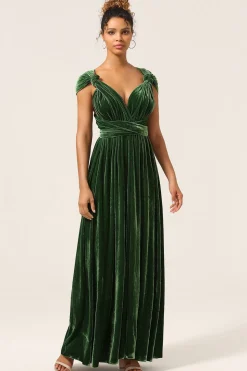 Elegante Uma Linha V Pescoço Verde Escuro Covertible Wear Velvet Long Bridesmaid Dress