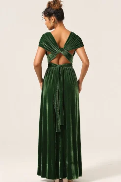 Elegante Uma Linha V Pescoço Verde Escuro Covertible Wear Velvet Long Bridesmaid Dress