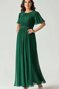 Elegante uma linha verde escuro Ruched mãe de vestido de noiva com manga Flutter