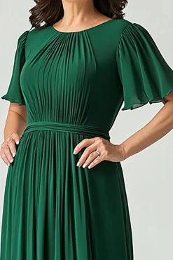 Elegante uma linha verde escuro Ruched mãe de vestido de noiva com manga Flutter