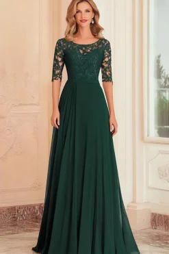 Elegante verde escuro A-Line Boat Neck Chiffon Long Mother Of the Bride Dress with Lace Appliques