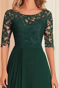 Elegante verde escuro A-Line Boat Neck Chiffon Long Mother Of the Bride Dress with Lace Appliques