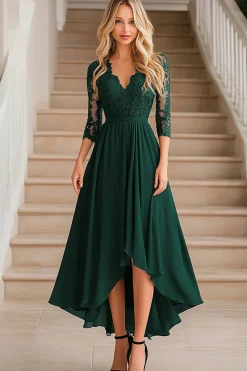 Elegante verde escuro A-Line V-neck Chiffon Long Mother of the Bride Dress com apliques de renda
