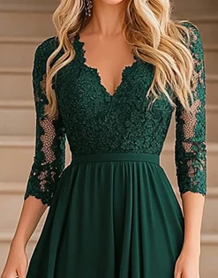 Elegante verde escuro A-Line V-neck Chiffon Long Mother of the Bride Dress com apliques de renda
