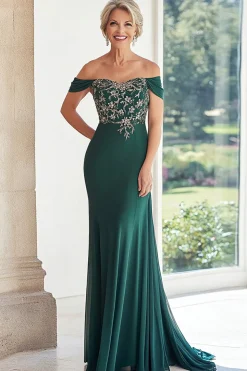 Elegante Verde Escuro Fora da Bainha do Ombro Chiffon Long Mãe da Noiva com Bordado