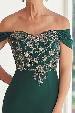 Elegante Verde Escuro Fora da Bainha do Ombro Chiffon Long Mãe da Noiva com Bordado