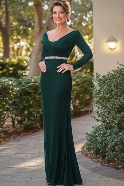 Elegante verde escuro manga longa mãe do vestido de noiva com frisos