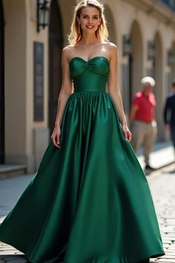 Elegante verde escuro querido longo uma linha vestido de baile