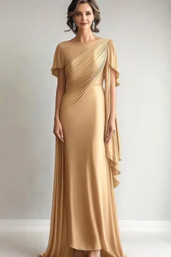 Elegante vestido dourado da mãe da noiva com mangas curtas