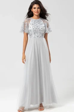 Elegância Clássica A-Line Jewel Neck Cinza Vestido de Dama de Honra Longo com Mangas Curtas