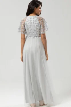Elegância Clássica A-Line Jewel Neck Cinza Vestido de Dama de Honra Longo com Mangas Curtas