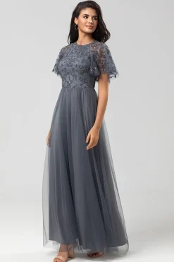 Elegância Clássica A-Line Jewel Neck Cinza Vestido de Dama de Honra Longo com Mangas Curtas