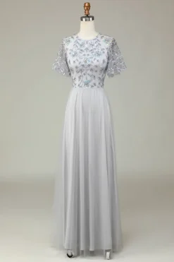 Elegância Clássica A-Line Jewel Neck Cinza Vestido de Dama de Honra Longo com Mangas Curtas
