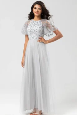 Elegância Clássica A-Line Jewel Neck Cinza Vestido de Dama de Honra Longo com Mangas Curtas
