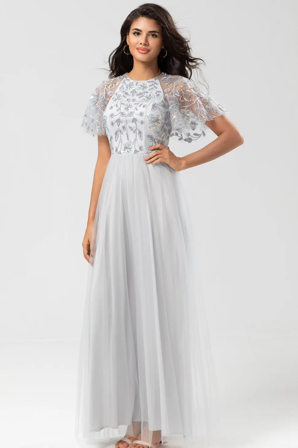 Elegância Clássica A-Line Jewel Neck Cinza Vestido de Dama de Honra Longo com Mangas Curtas