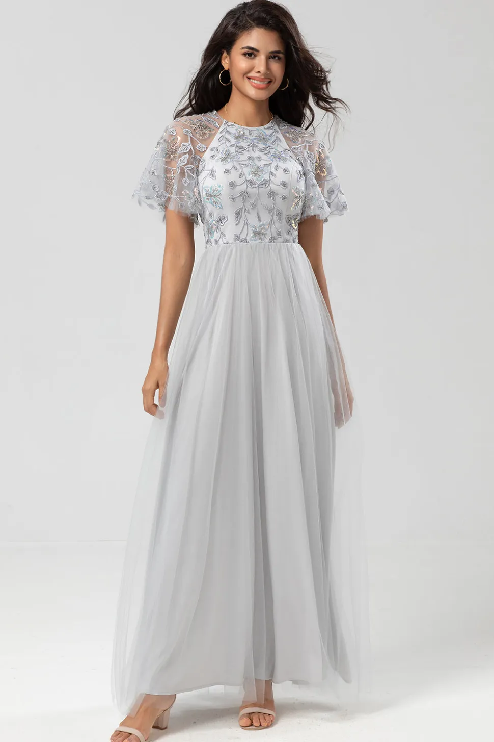 Elegância Clássica A-Line Jewel Neck Cinza Vestido de Dama de Honra Longo com Mangas Curtas