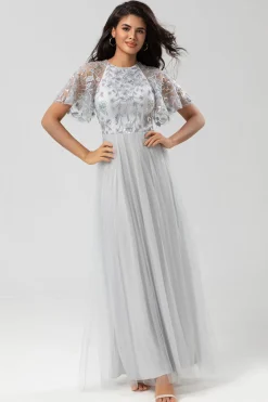 Elegância Clássica A-Line Jewel Neck Cinza Vestido de Dama de Honra Longo com Mangas Curtas