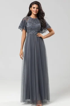 Elegância Clássica A-Line Jewel Neck Cinza Vestido de Dama de Honra Longo com Mangas Curtas