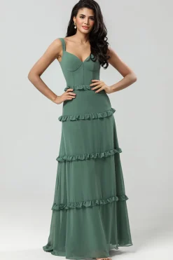 Elegância Clássica Uma Linha Fora do Ombro Eucalipto Vestido Longo Madrinha