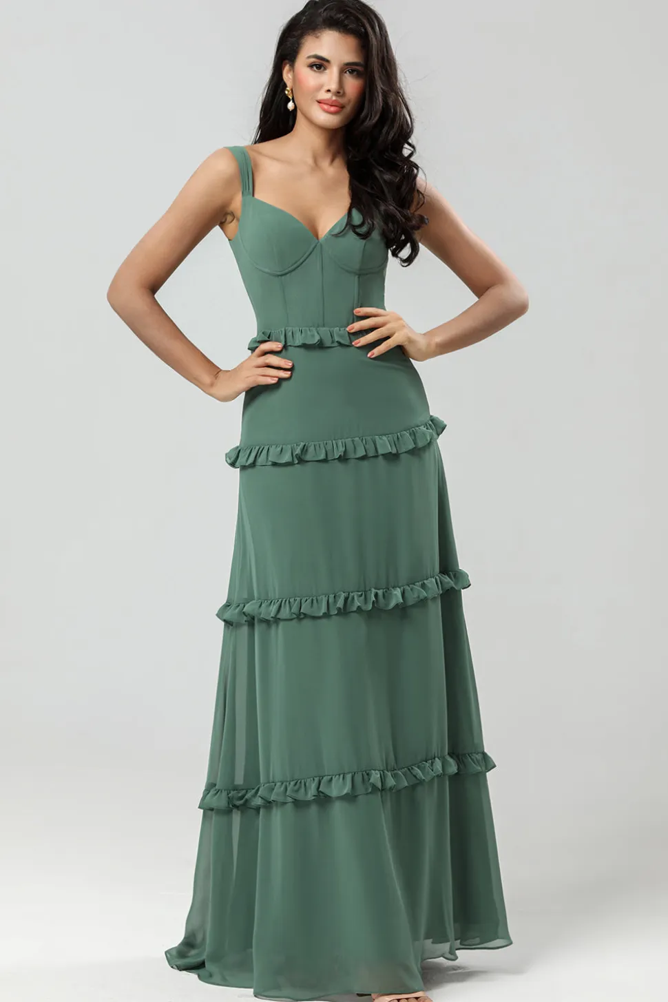 Elegância Clássica Uma Linha Fora do Ombro Eucalipto Vestido Longo Madrinha