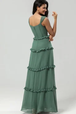 Elegância Clássica Uma Linha Fora do Ombro Eucalipto Vestido Longo Madrinha