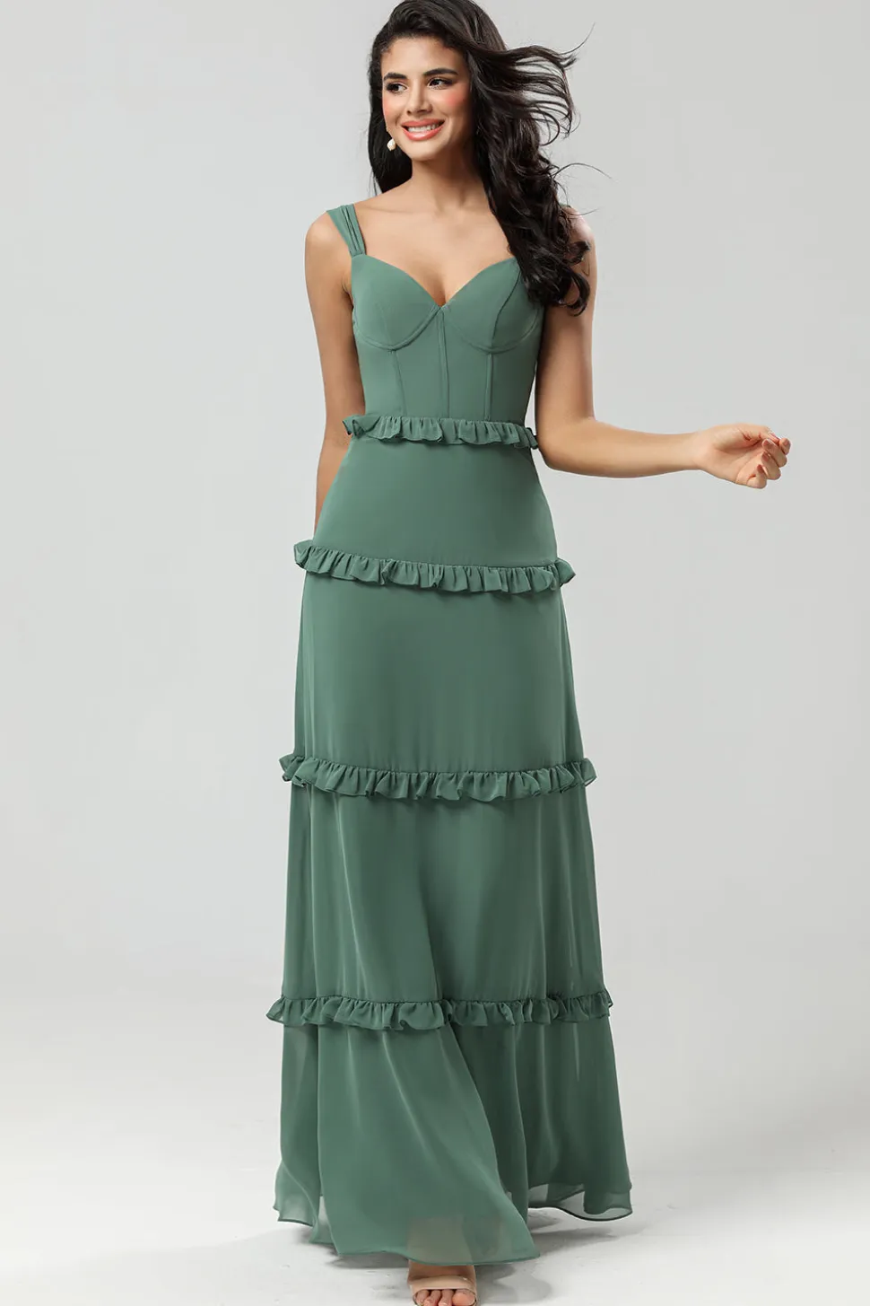 Elegância Clássica Uma Linha Fora do Ombro Eucalipto Vestido Longo Madrinha