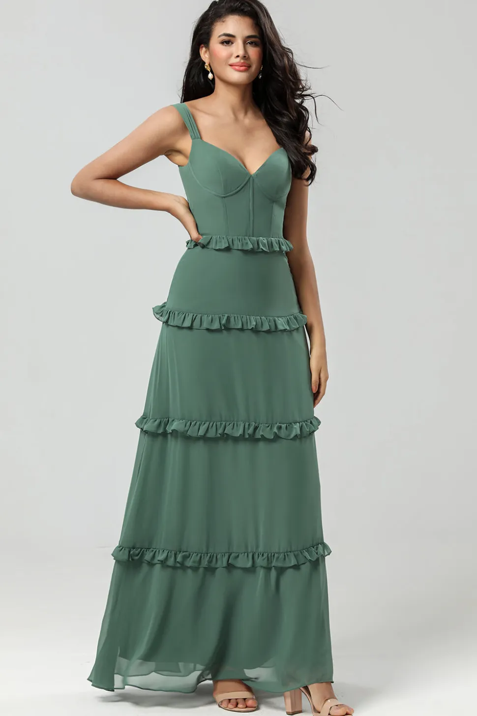 Elegância Clássica Uma Linha Fora do Ombro Eucalipto Vestido Longo Madrinha