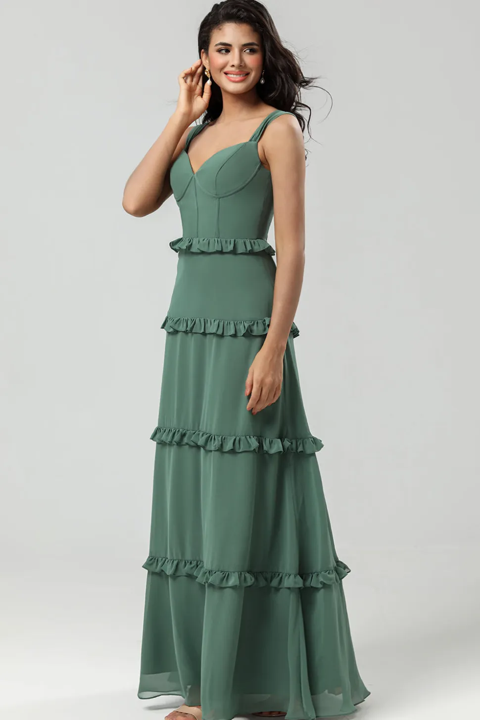 Elegância Clássica Uma Linha Fora do Ombro Eucalipto Vestido Longo Madrinha
