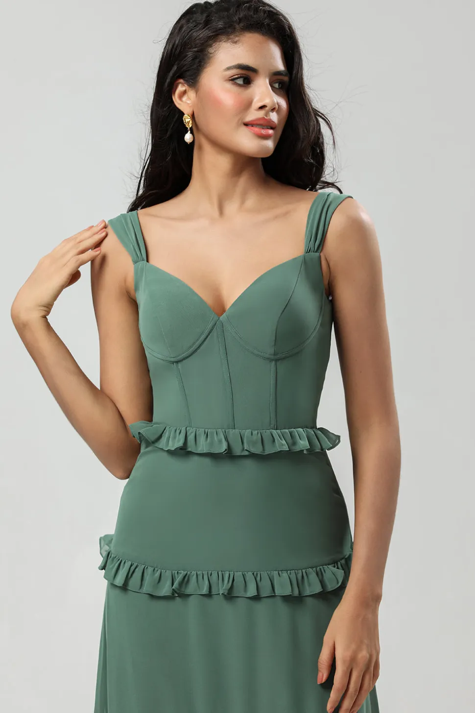 Elegância Clássica Uma Linha Fora do Ombro Eucalipto Vestido Longo Madrinha