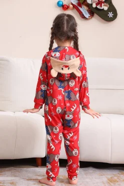 Elk Print Vermelho Combinando Natal One Piece Pijamas
