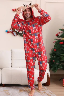 Elk Print Vermelho Combinando Natal One Piece Pijamas