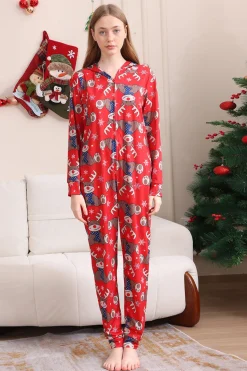 Elk Print Vermelho Combinando Natal One Piece Pijamas
